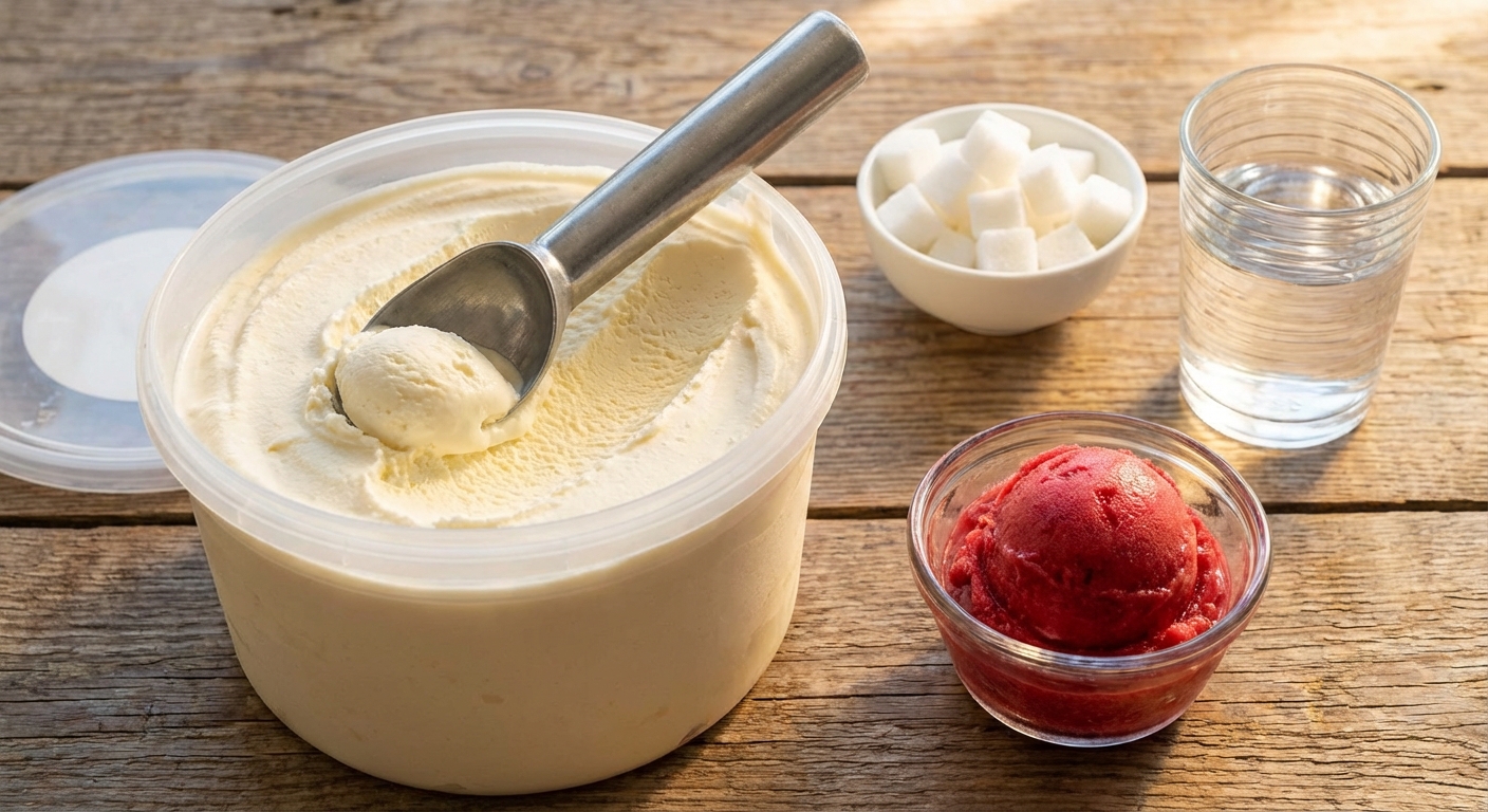 Close-up of a creamy soft serve ice cream cone on a bright background.