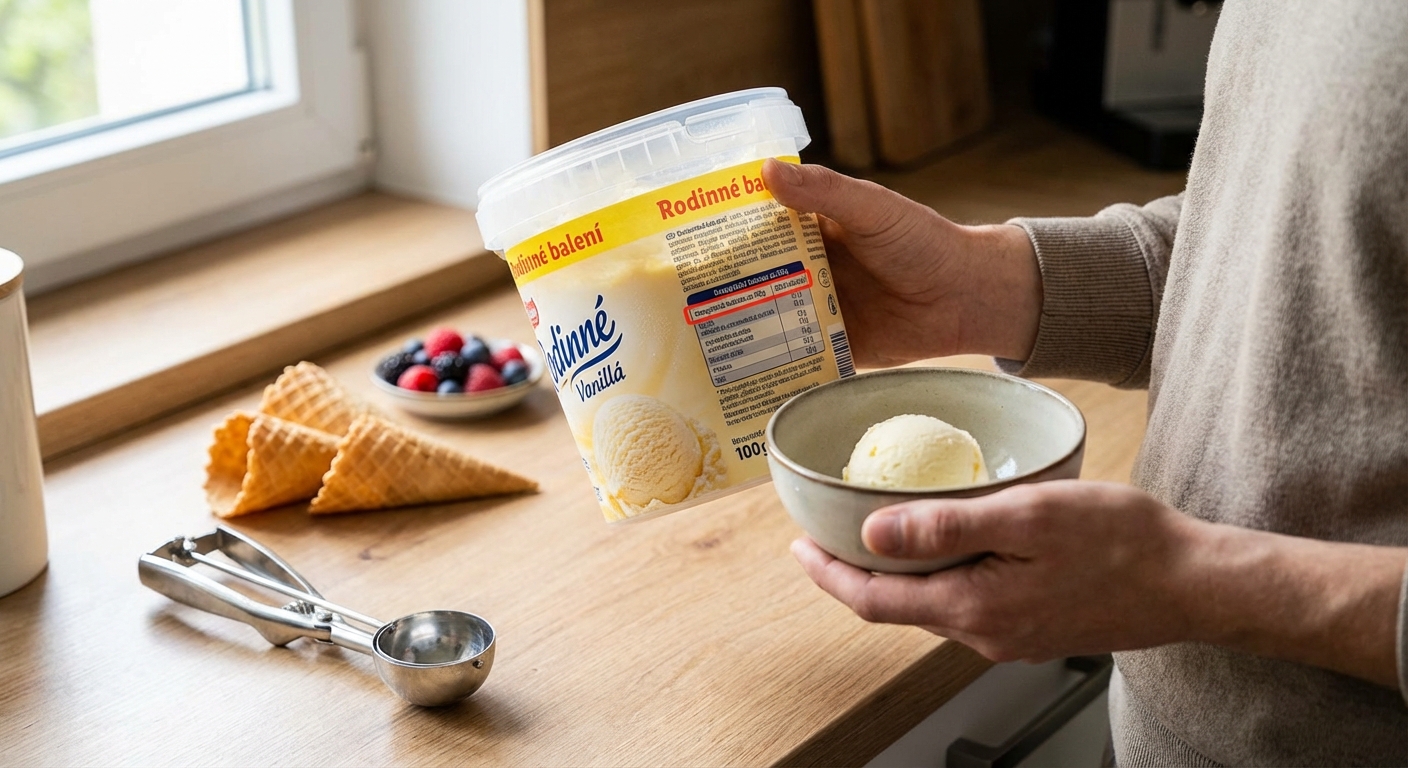 Close-up of a scoop of ice cream being served into a cone at a shop.