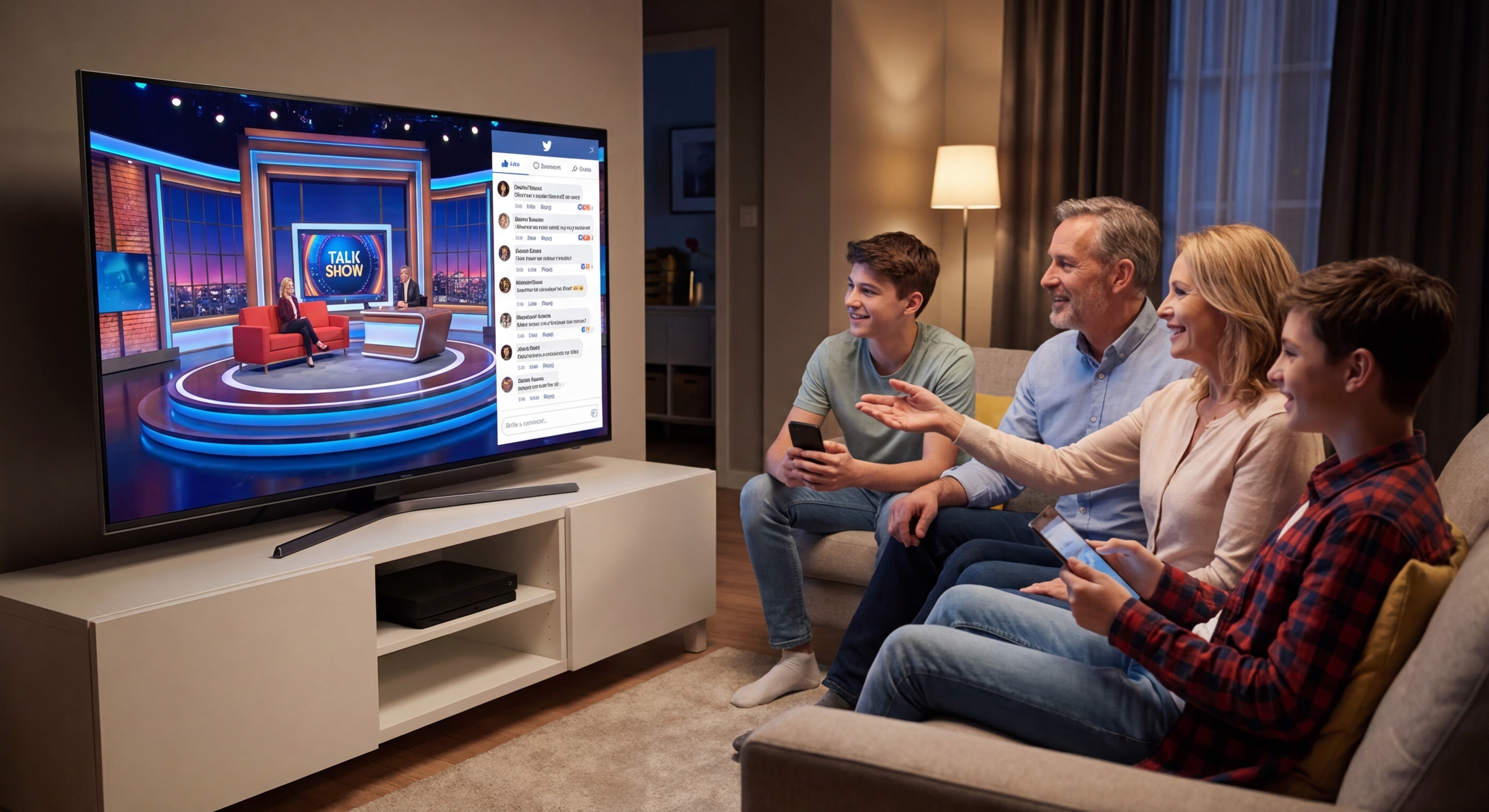 A couple watches TV together in a cozy brick-walled living room on a sofa.