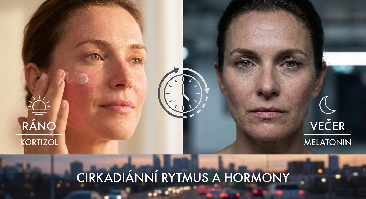 Red-haired woman applying an eye mask for skincare in a cozy room.