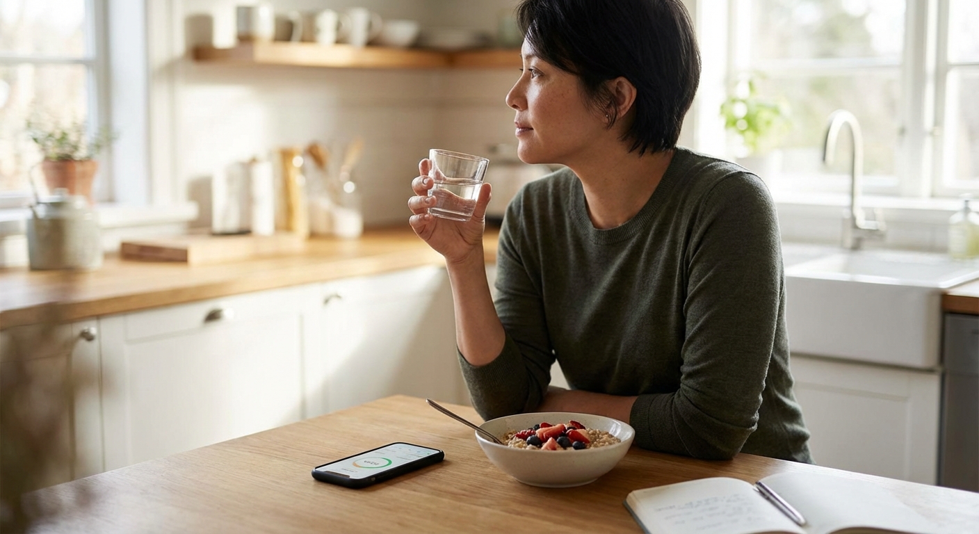 Caucasian senior woman in glasses drinking from a bottle, promoting active lifestyle.
