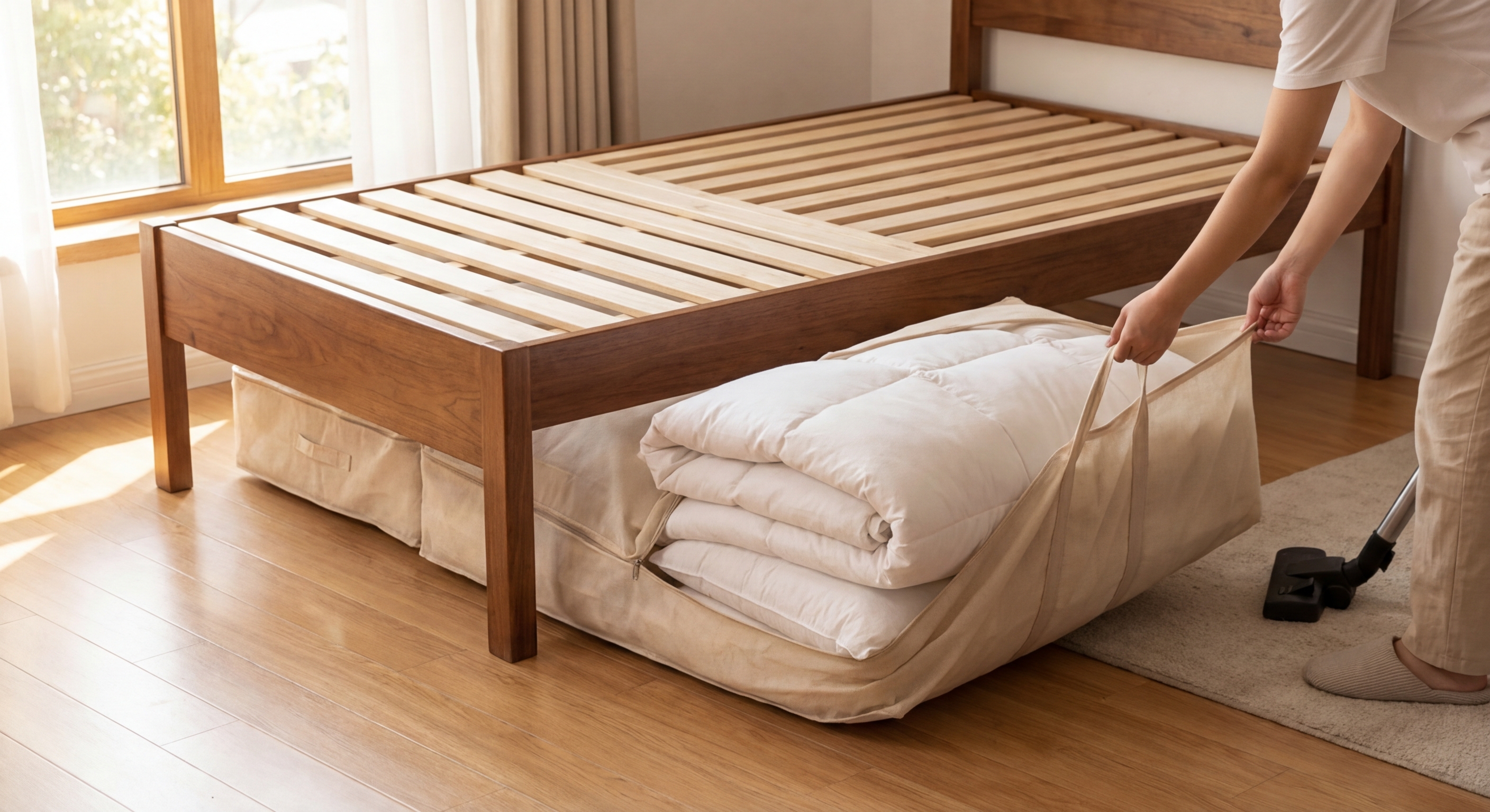 Explore a cozy and modern bedroom setup featuring wooden furniture, decorative rugs, and stylish lighting.