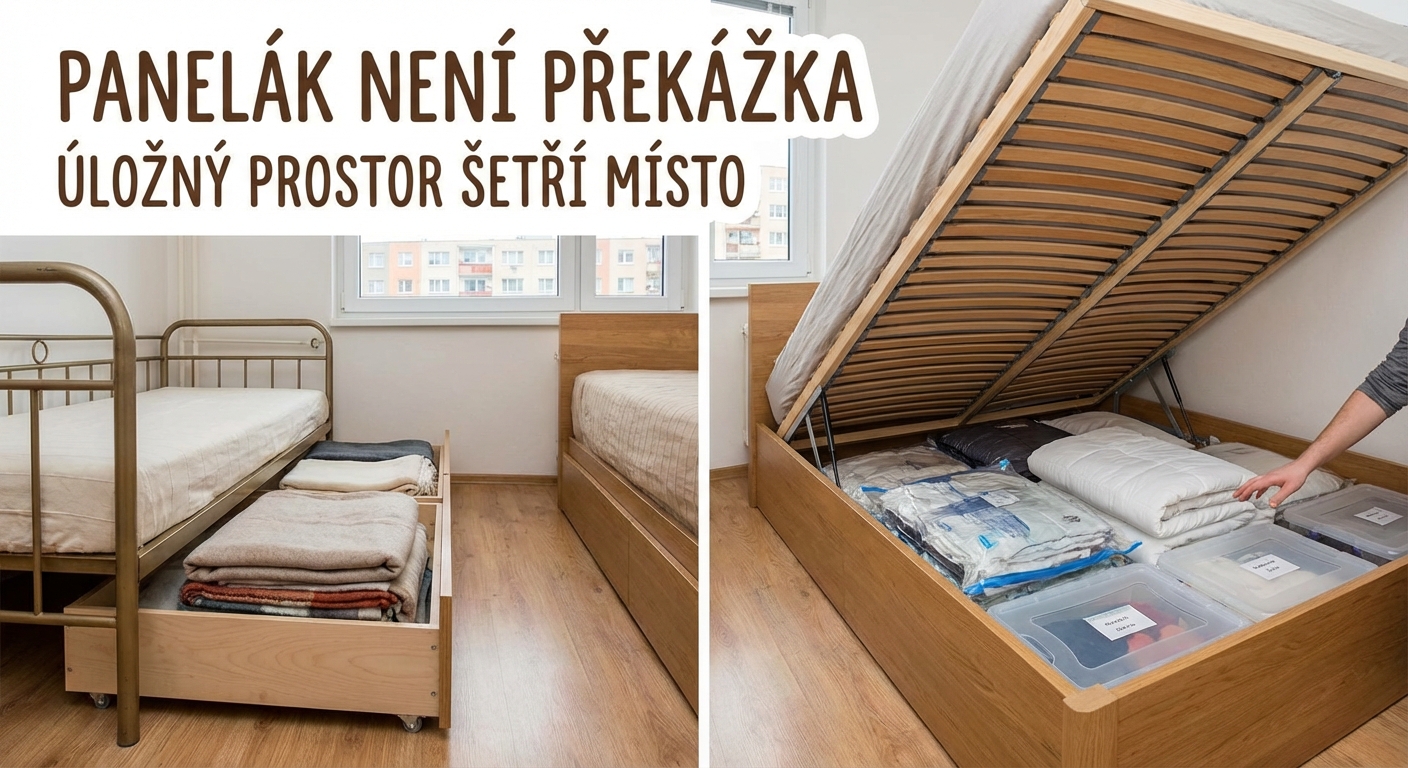 A minimalist bedroom featuring a stylish gray headboard, beige bedding, and a simple clothes rack for a modern look.