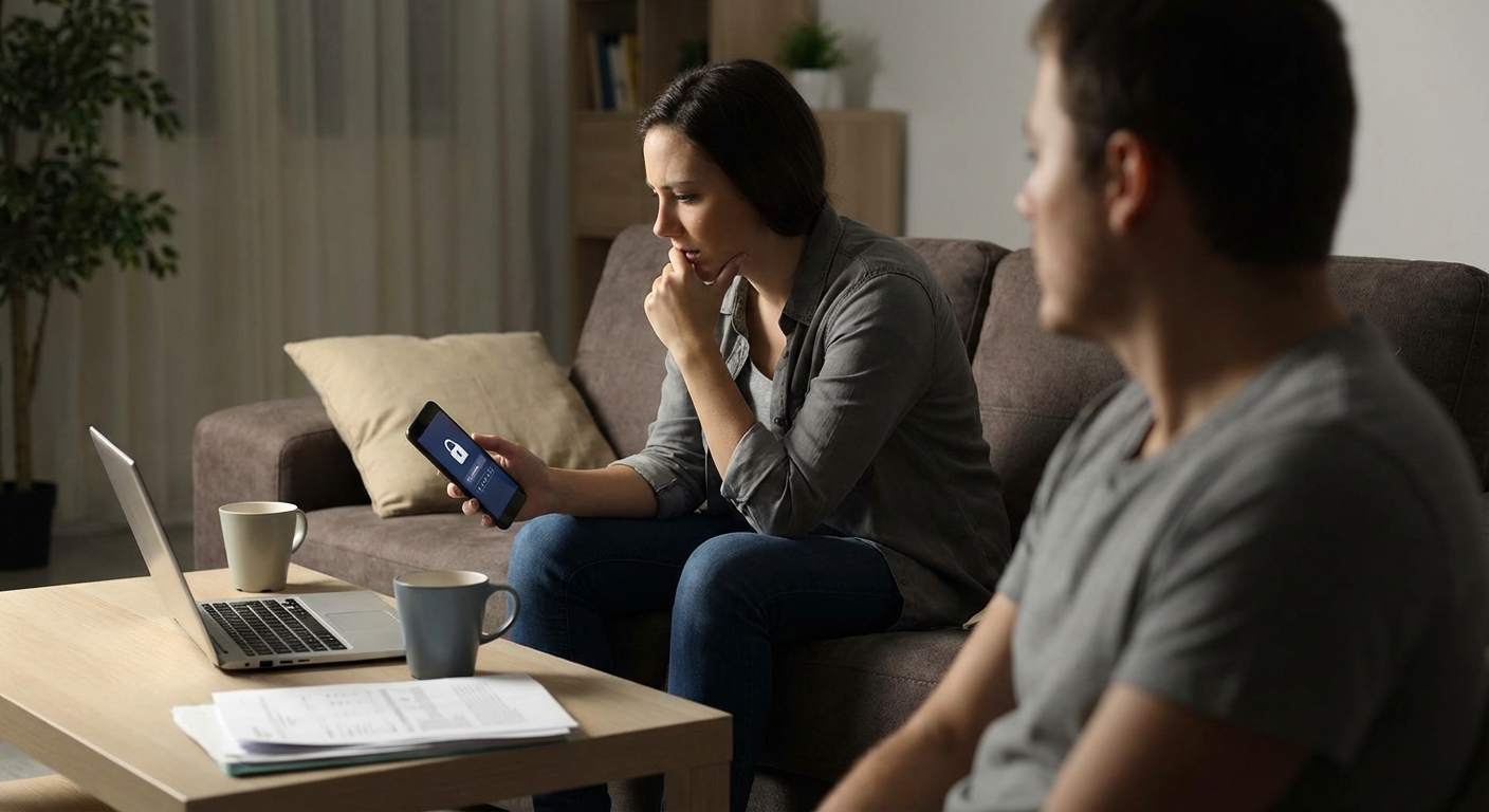 A couple indoors discussing something on a smartphone with focused expressions.