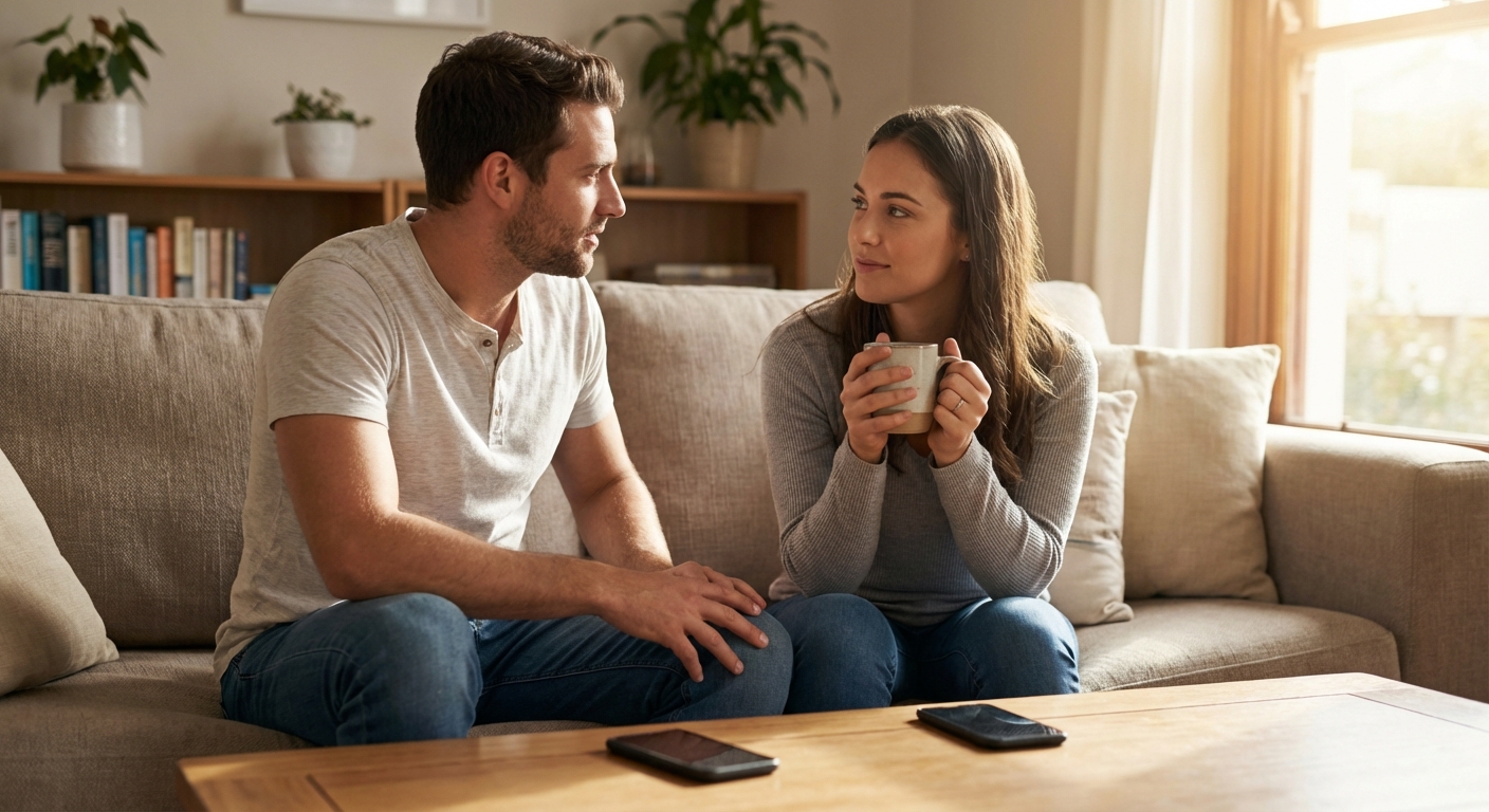 A couple enjoying a peaceful moment indoors, focused on a smartphone.
