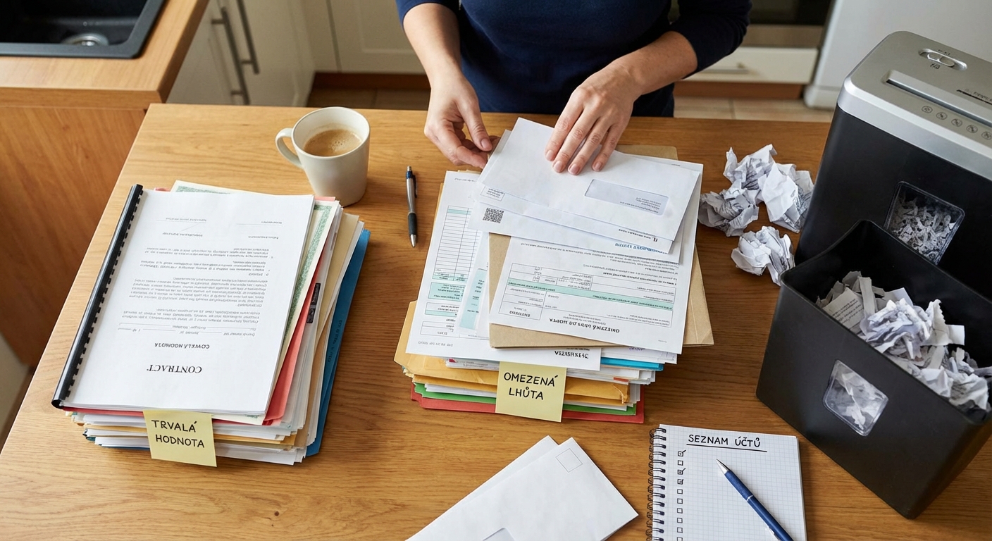 Elderly man in patterned shirt reading and holding bills at a home table, appearing focused.