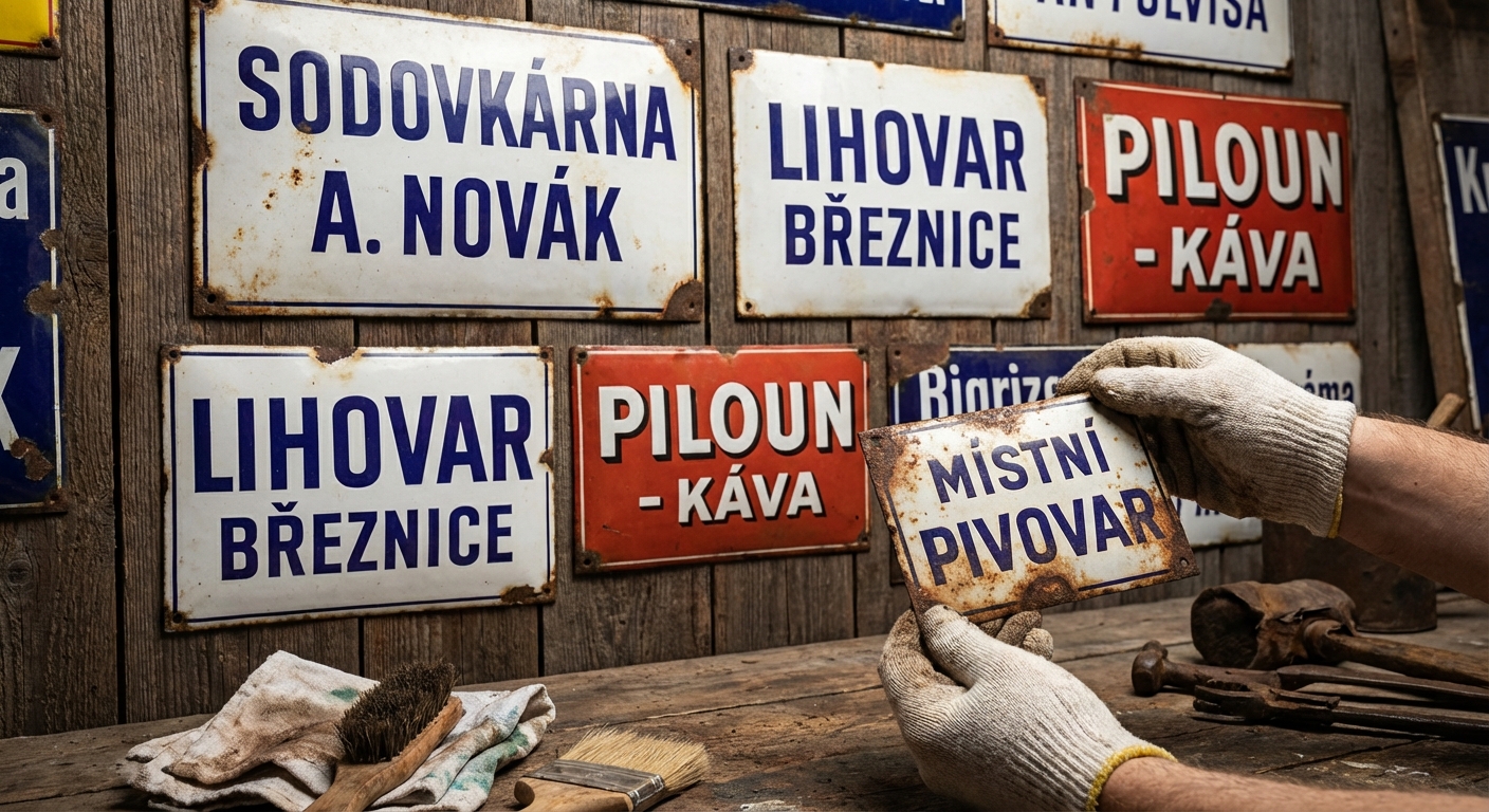 Retro wall art featuring motorcycle and car signs on a rustic brick wall.