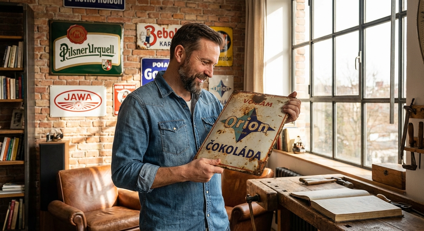 A vibrant vintage storefront featuring a retro 'Pill Party' poster and an eclectic display of items.