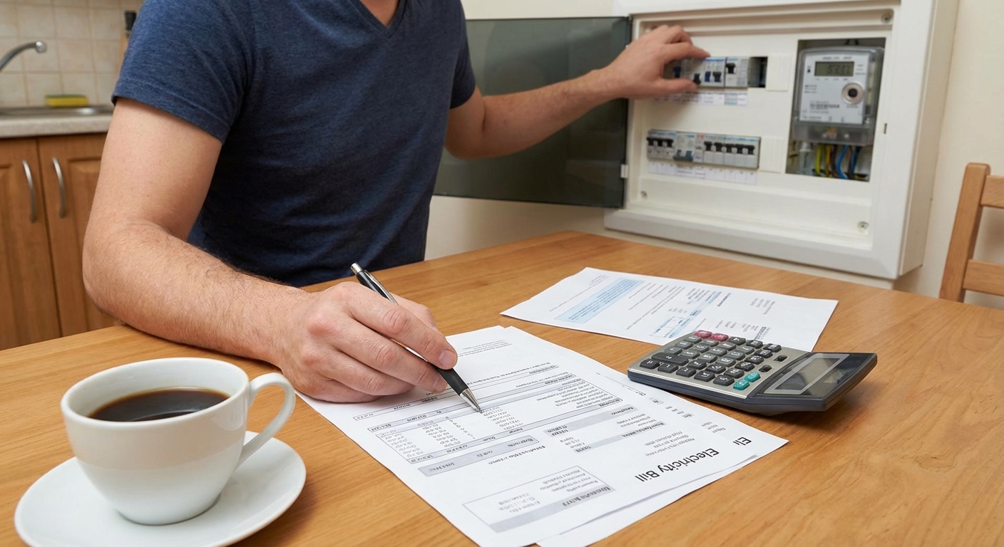 An elderly woman in glasses holds and reads important papers at a table indoors.