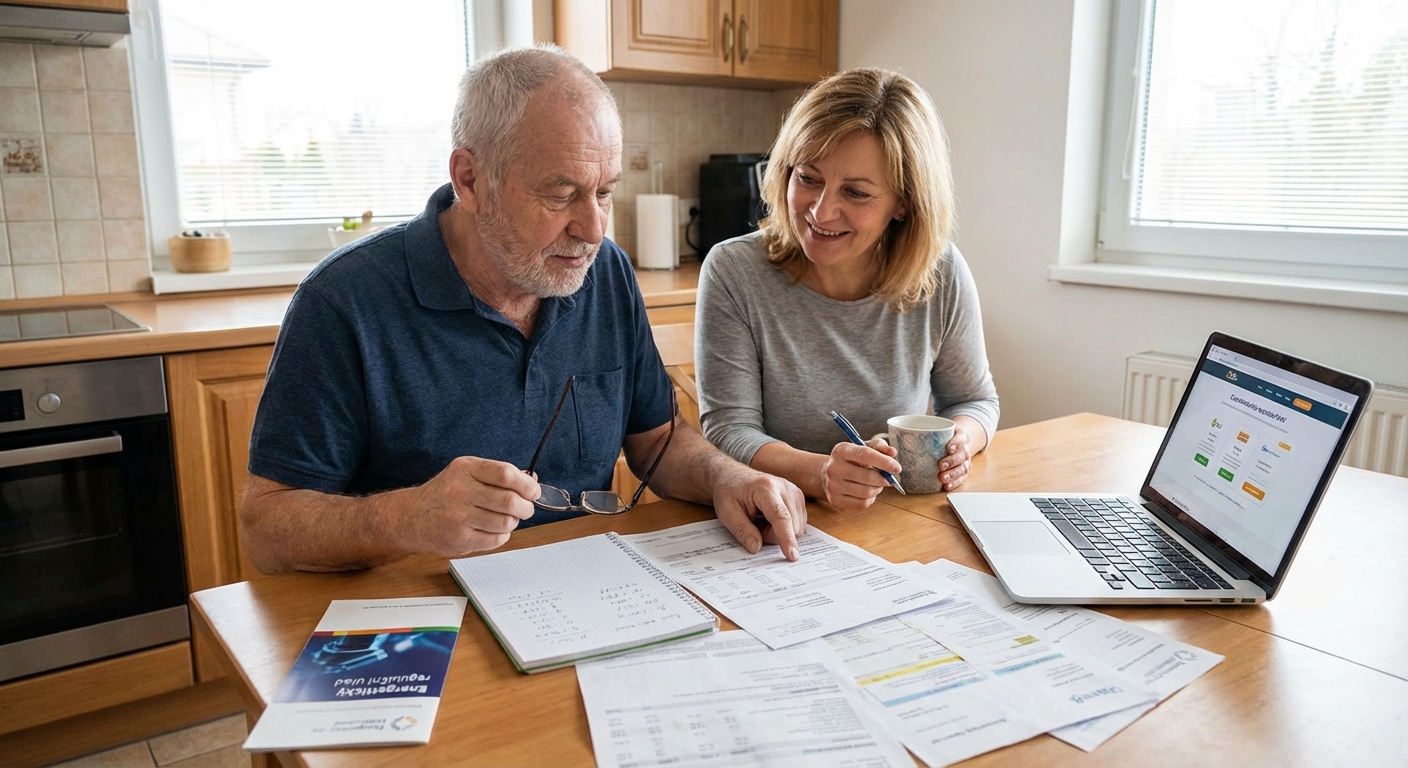 An elderly couple in a warm living room holding a credit card, symbolizing modern banking.