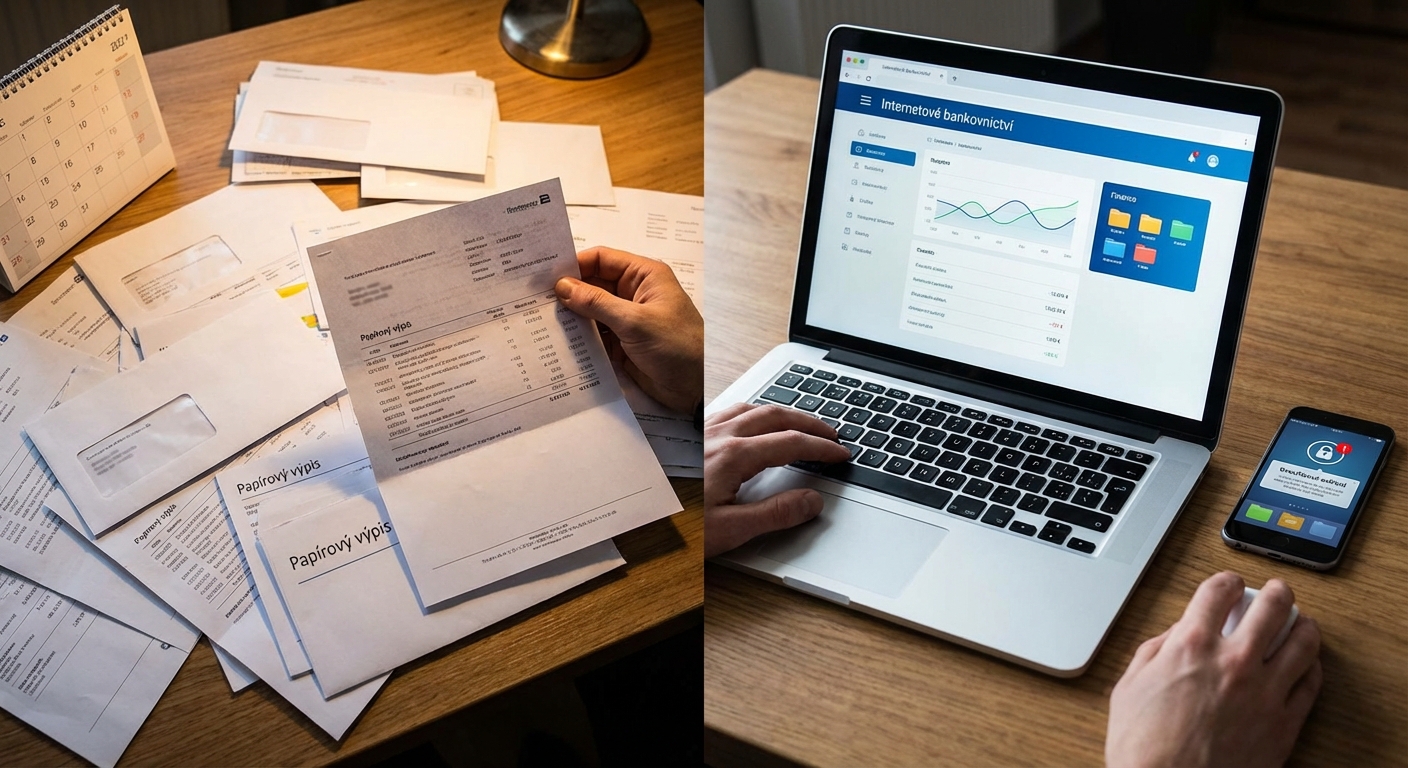 Senior woman in pink shirt using a laptop and reviewing documents at home office.