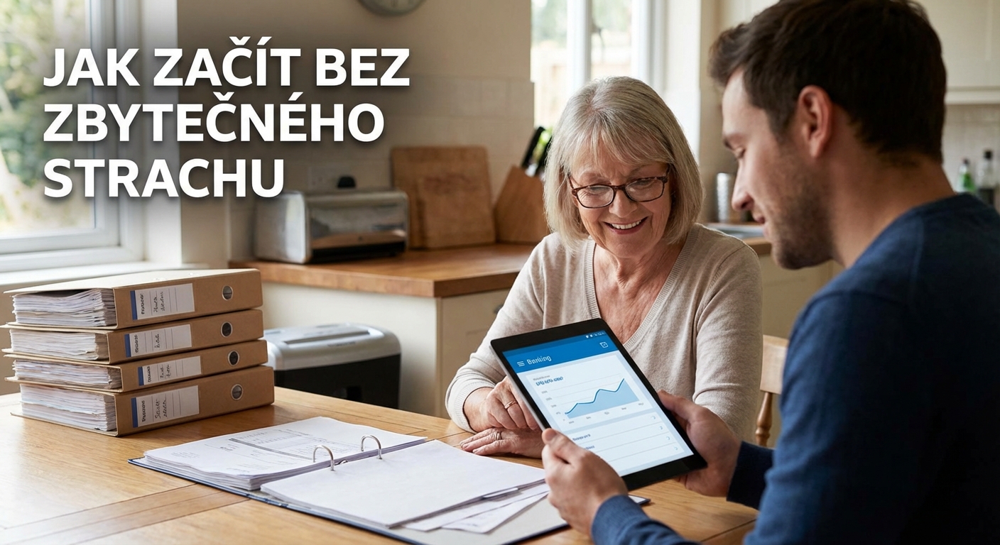 Woman concentrating on receipts while using a laptop, reflecting financial stress.