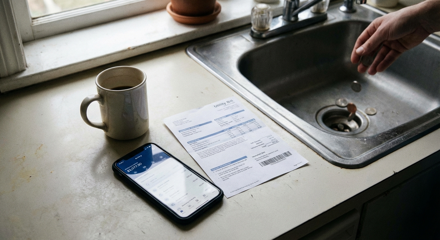 Woman concentrating on receipts while using a laptop, reflecting financial stress.