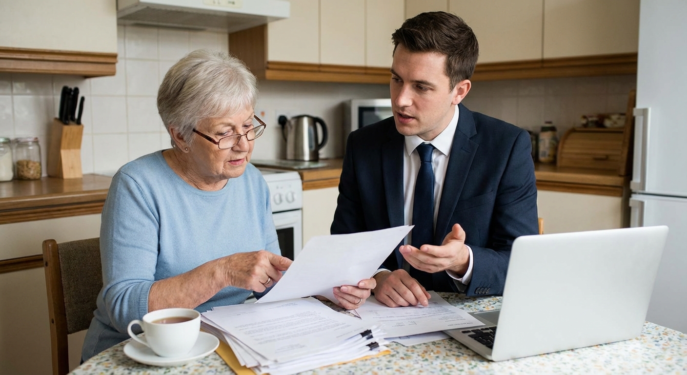 Crop unrecognizable employee representing new case details to concentrated middle aged ethnic lawyer sitting at table with laptop gavel and justice scales