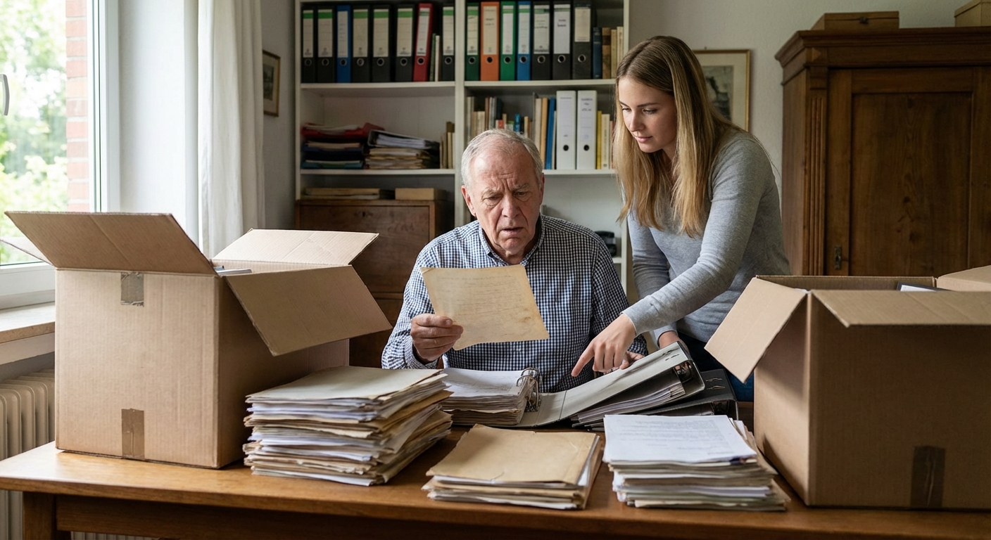 Close-up of a tidy desk with receipts, documents, and office stationery for business organization.