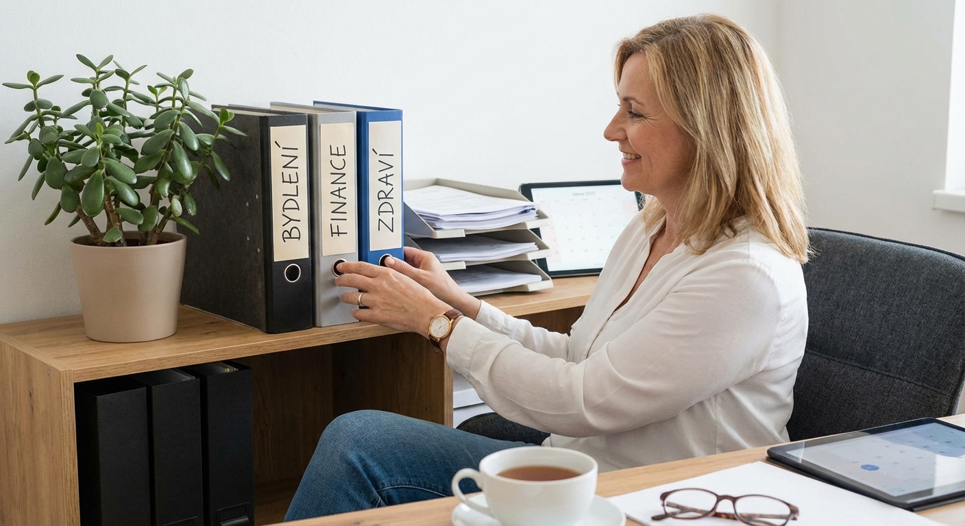 Close-up of hands organizing documents on a desk with a laptop.