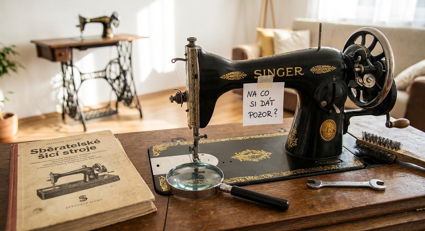 A vintage sewing machine placed on a wooden table inside a room in Carthage, Tunisia.