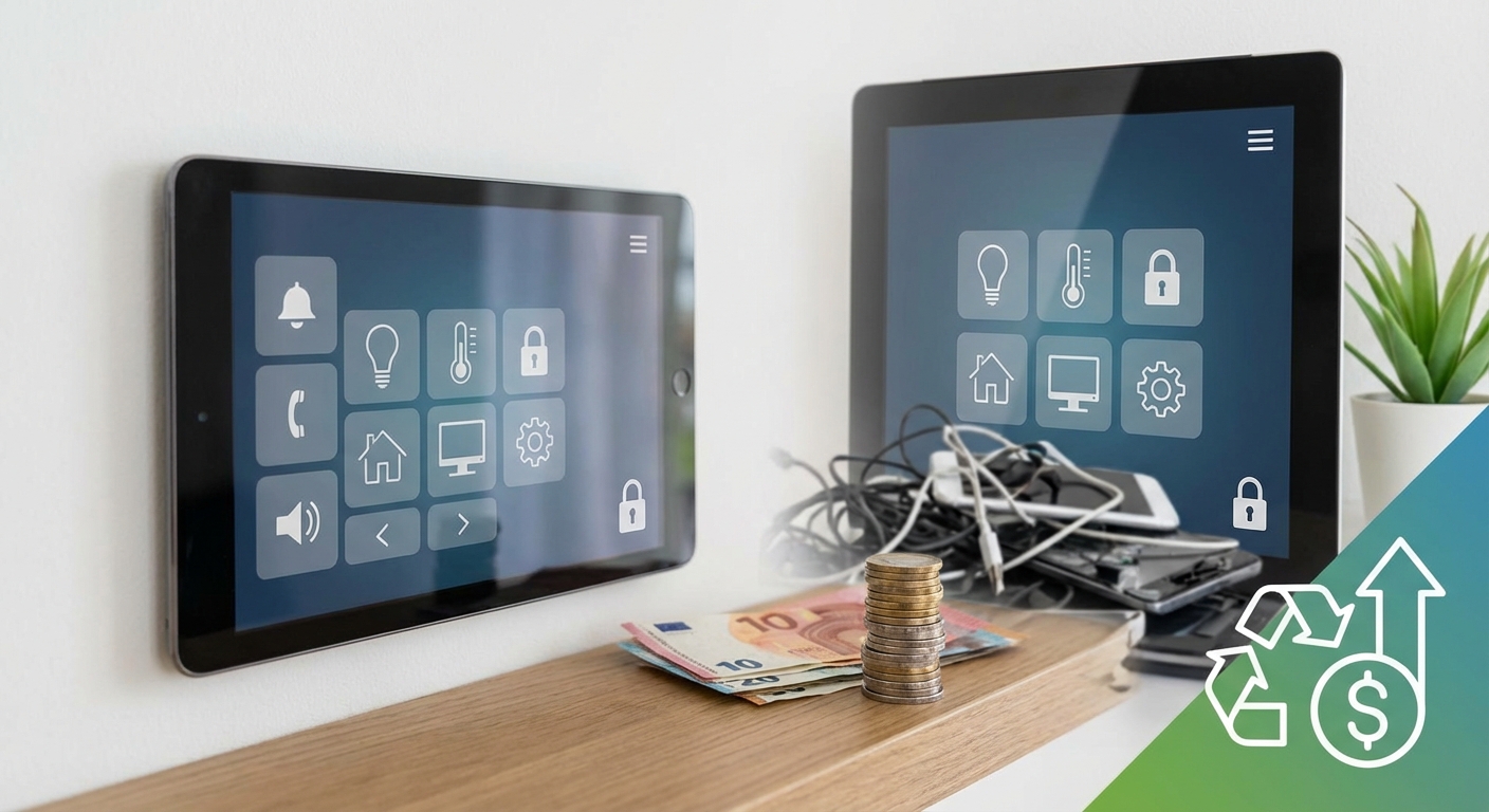 Woman adjusting the thermostat in a bright, contemporary room with large windows and a potted plant.