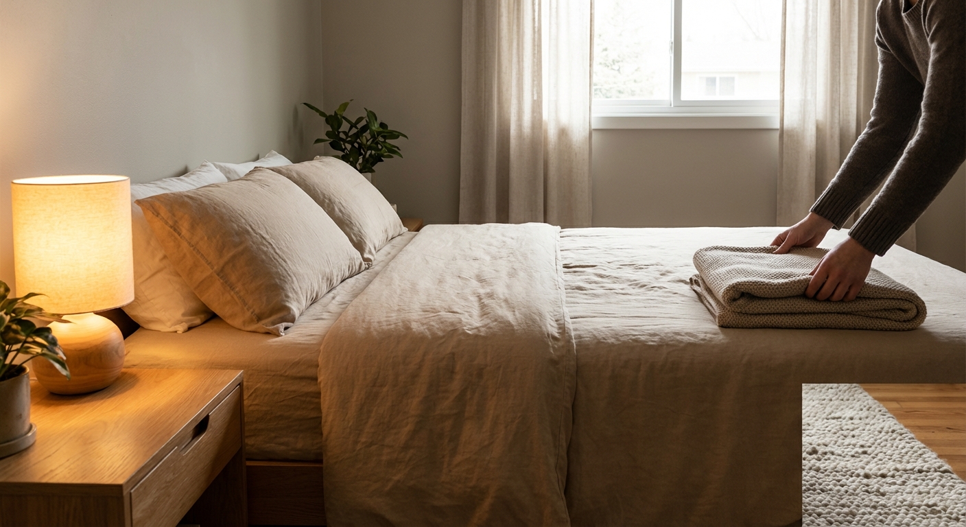 Cozy Scandinavian bedroom featuring stylish furniture and modern decor elements.