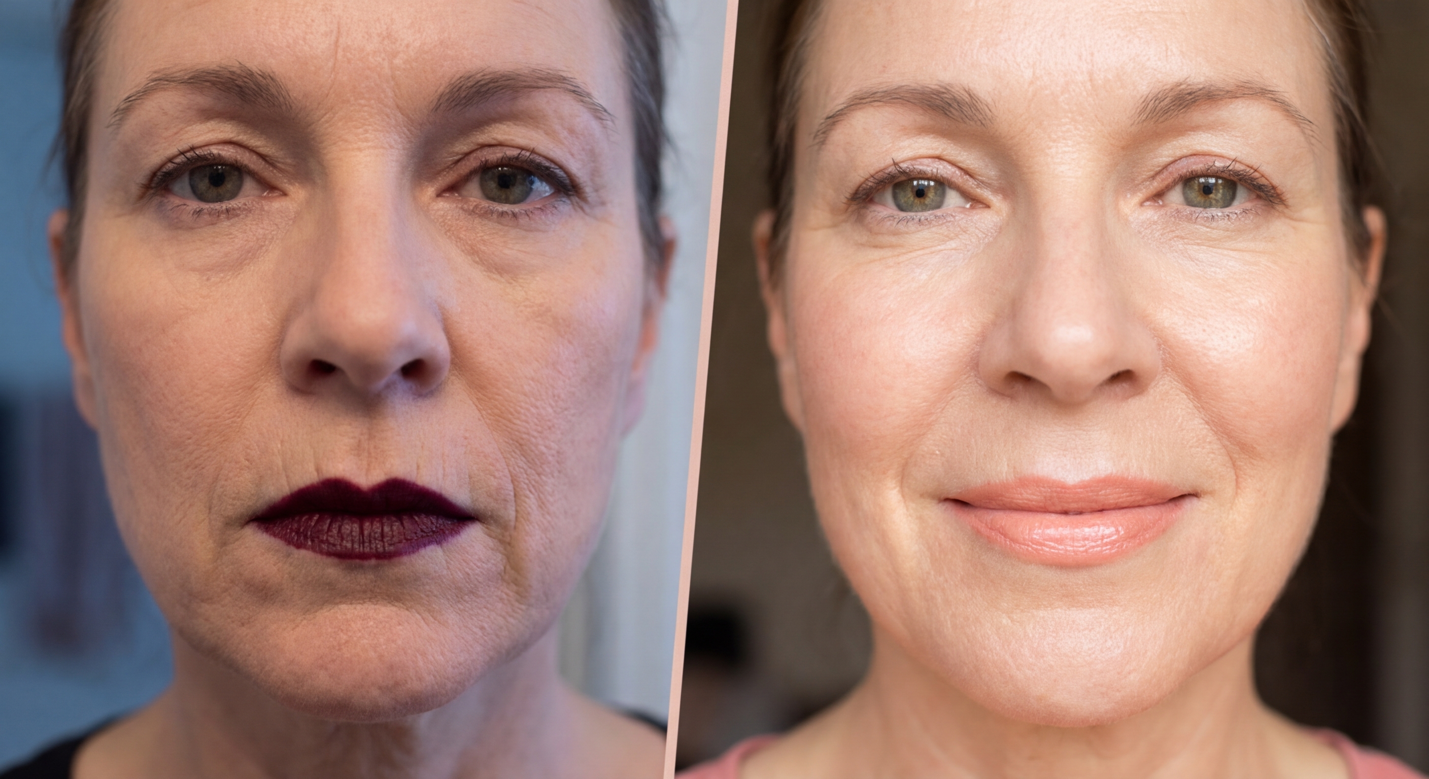 Elderly woman carefully applying lipstick seated indoors, surrounded by beauty products.