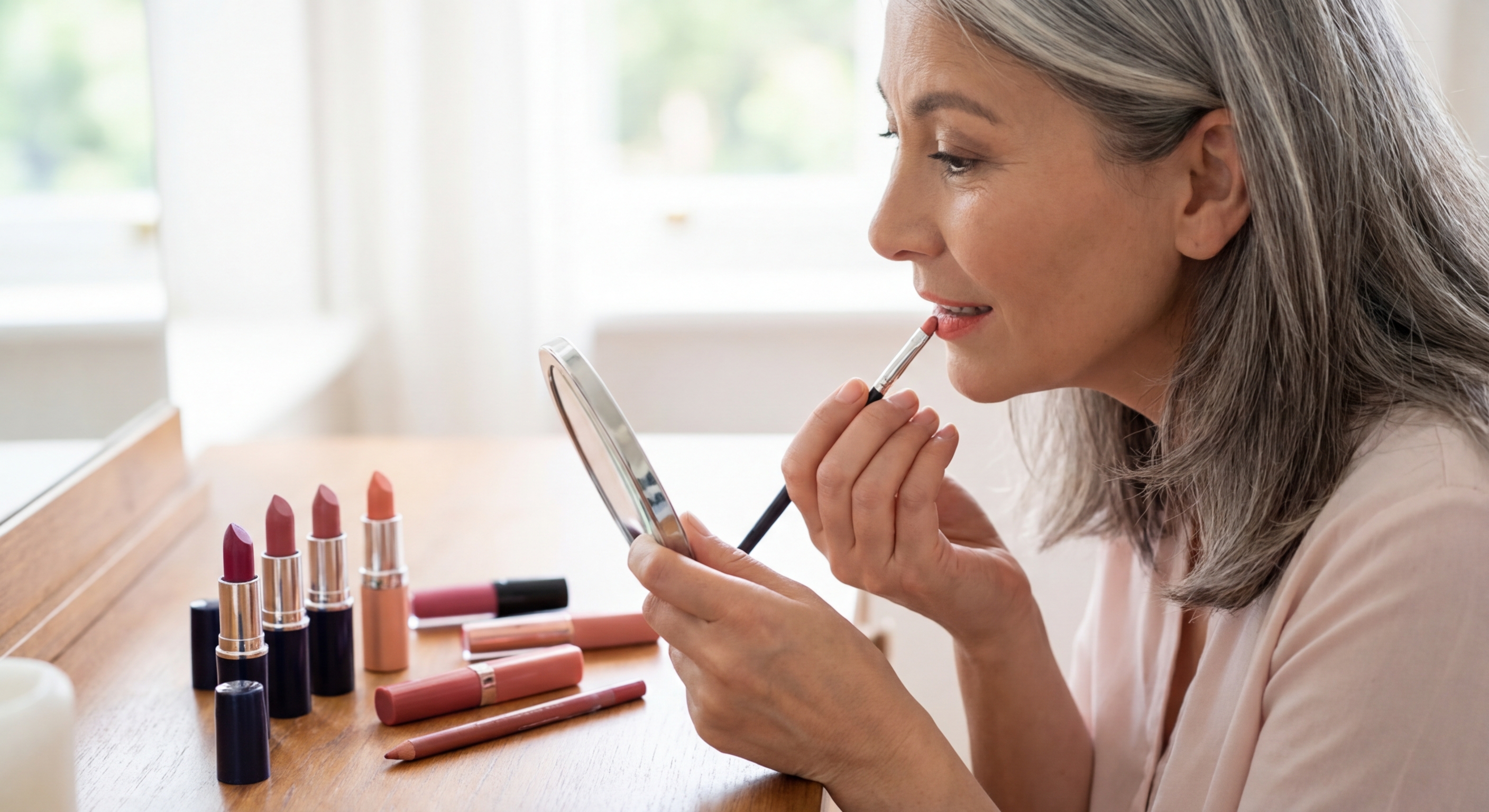 Senior woman applying lipstick in front of a mirror, showcasing elegance and beauty care.
