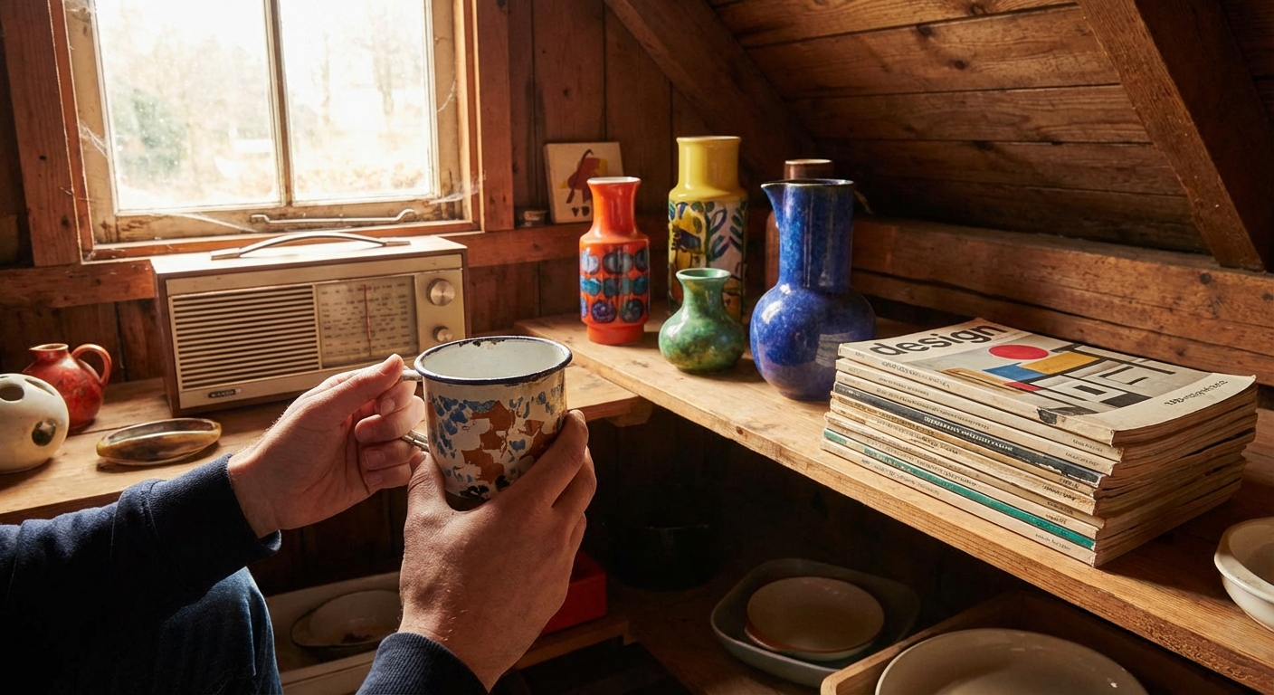 Black and white photo of an old Zenith radio with enamel pot and mug on a rustic table.