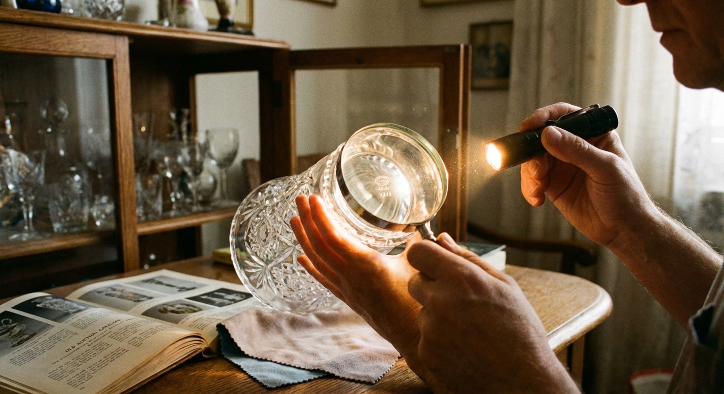 Close-up of intricately designed crystal wine glasses on a textured surface.