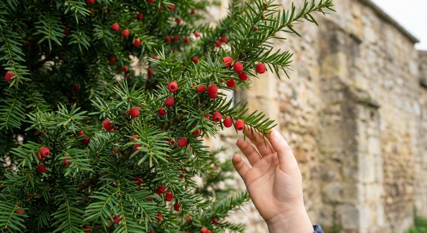 Detailed view of a yew tree with lush green needles and vibrant red berries.