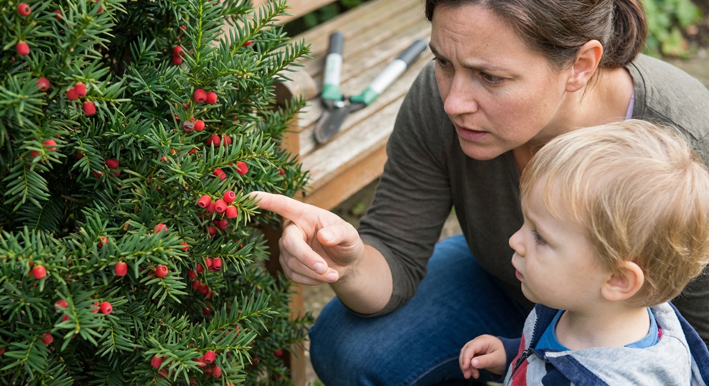 Textured background of coniferous tree branch with small red berries and long green needles