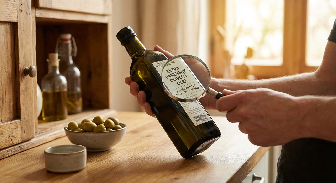 A high-angle view of an olive oil bottle alongside a fresh green salad and cutlery.