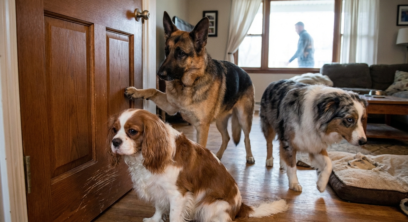 Glad young female with curly hair scratching happy dogs and looking away with smile while sitting on ground on sunny summer day in nature