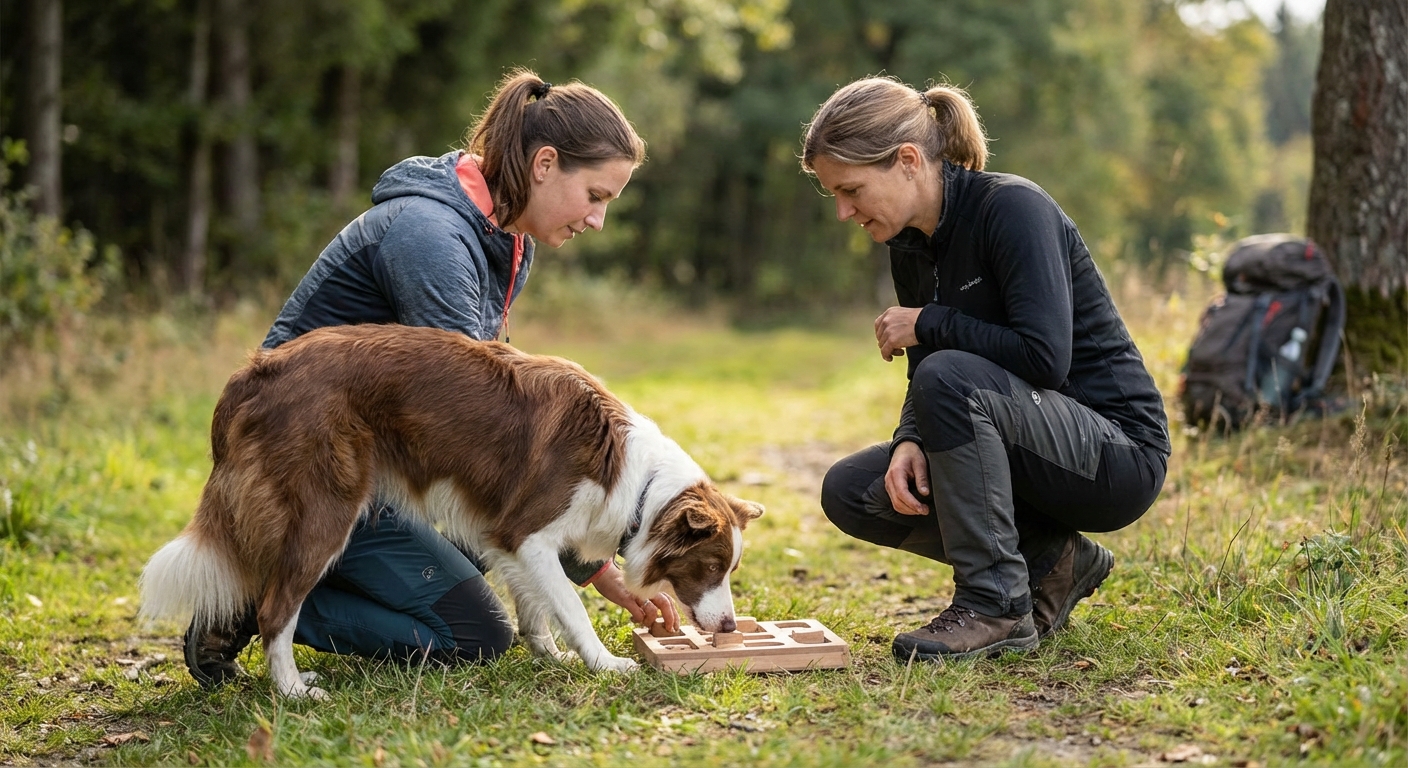 Cute Cavalier King Charles Spaniel puppy with a red collar sits among colorful autumn leaves.