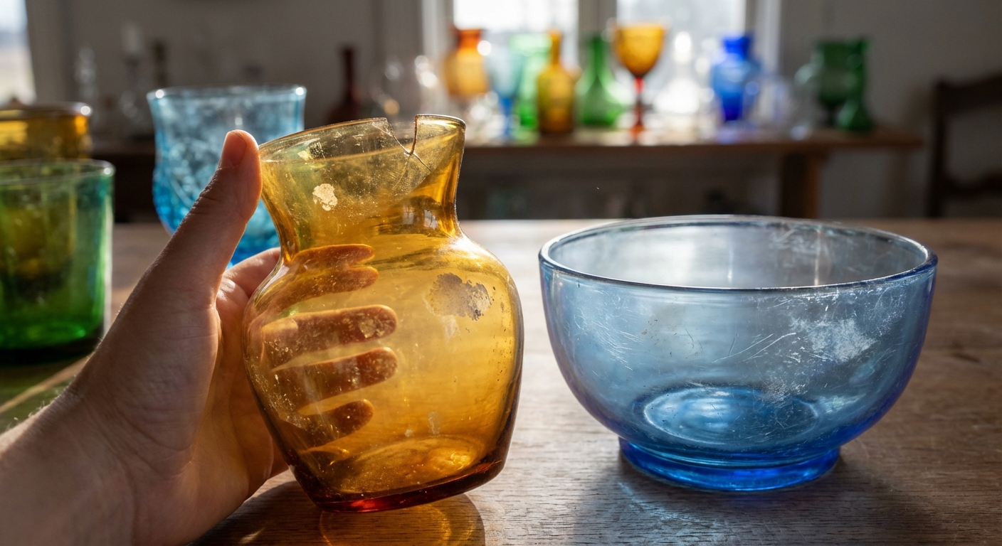A collection of vintage glass bottles in a rustic metal wire basket on a wooden table.