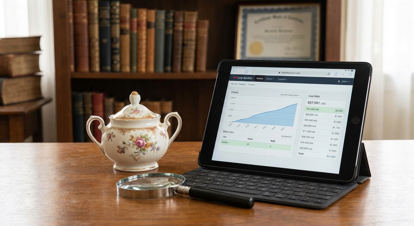 A collection of antique metalware and ceramics on a wooden table, capturing a vintage aesthetic.