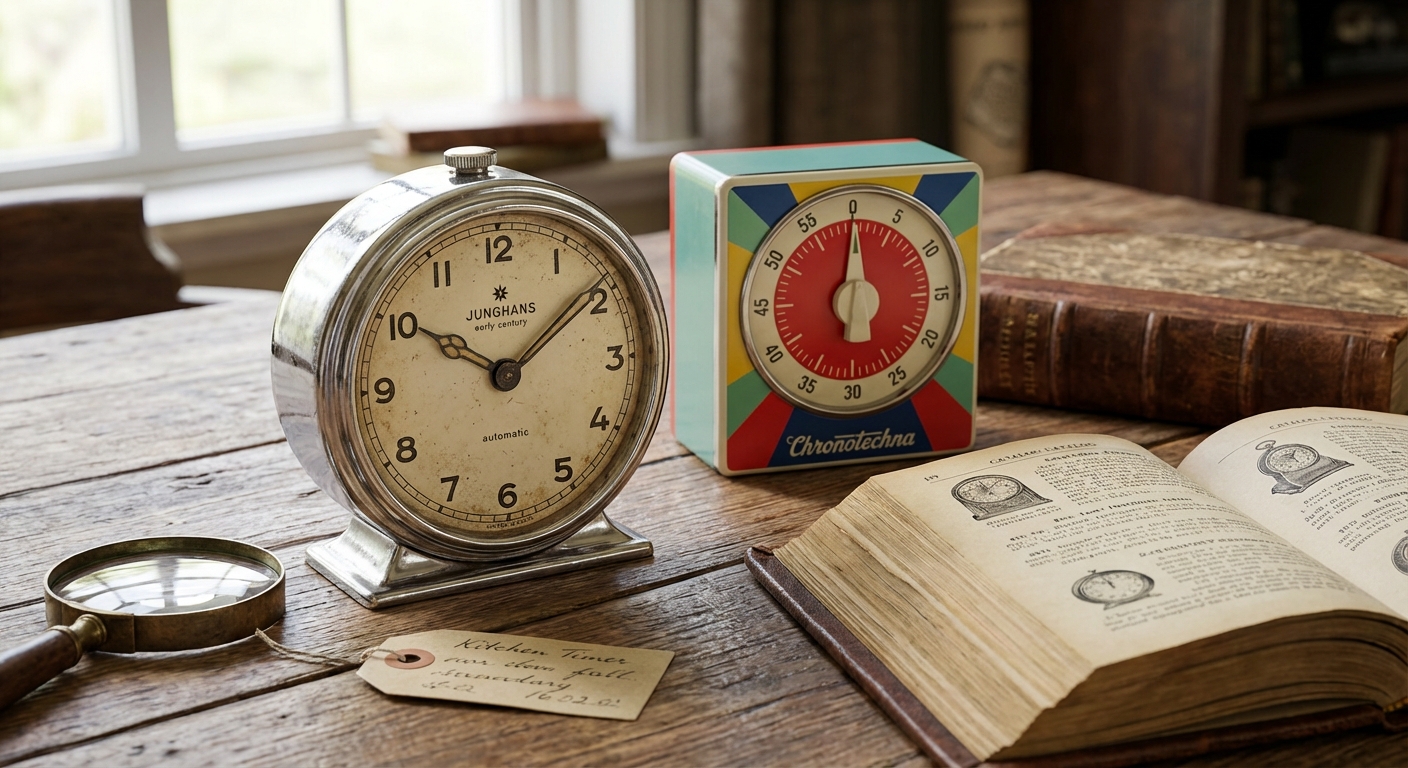Close-up of a vintage Kodak timer on a wooden surface, highlighting retro design and time measurement.
