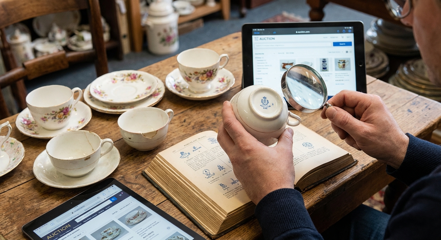 Vintage dining table featuring an elegant porcelain tea set in an antique shop setting.