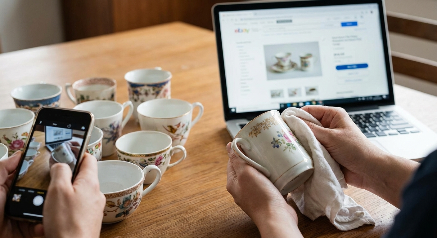 Crop anonymous male demonstrating ceramic mug with picture for coffee near white wall