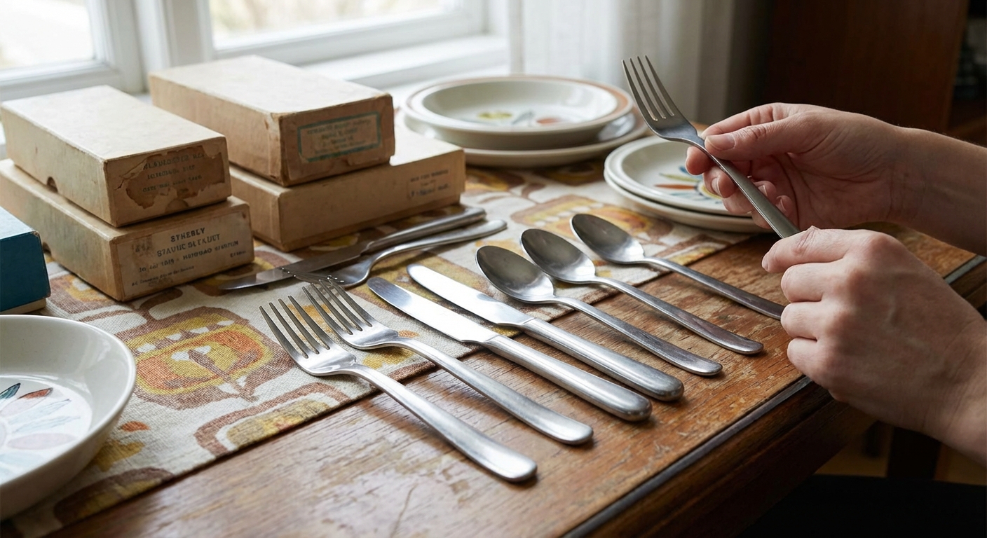 Close-up of assorted vintage cutlery on a blue tablecloth showcasing unique designs.