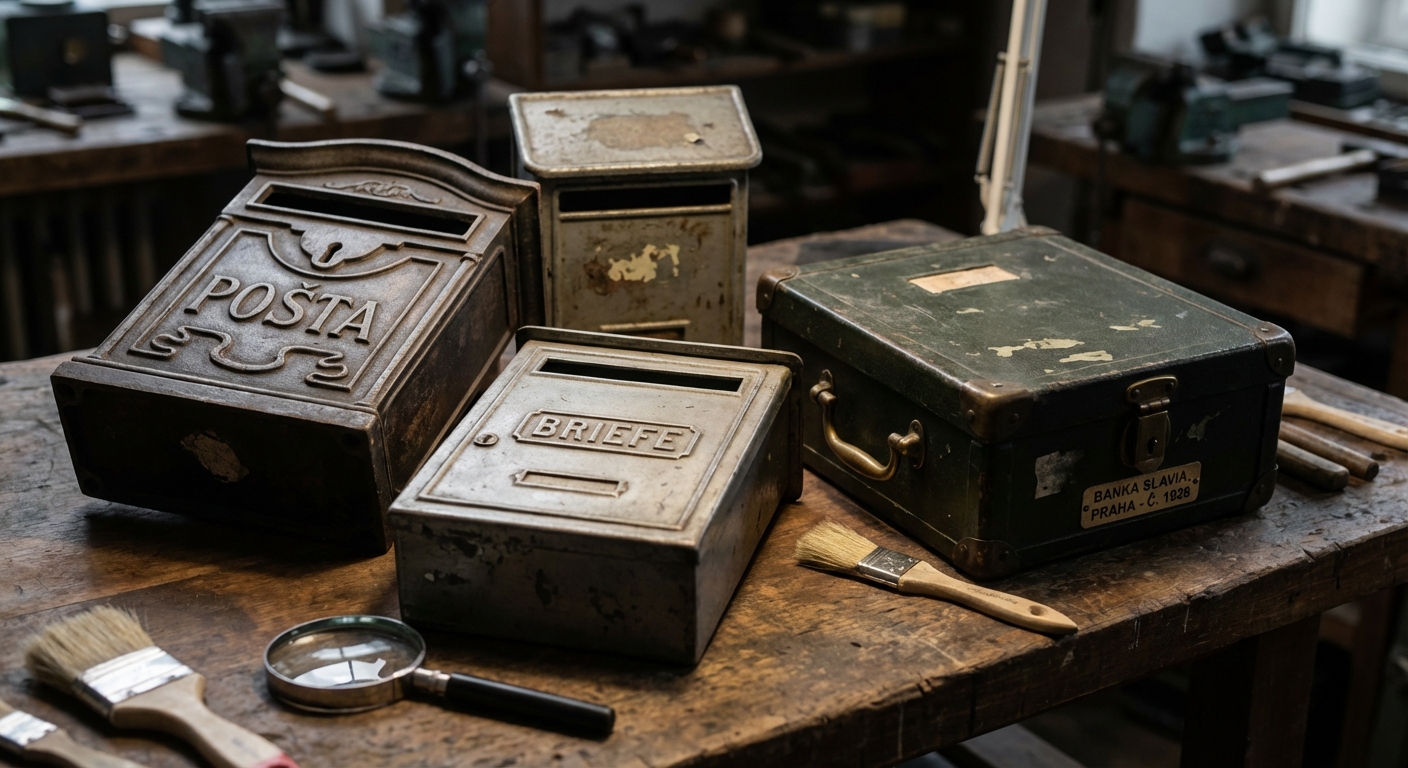 A metal mailbox hanging on a blue wooden fence, suggesting urban decay.