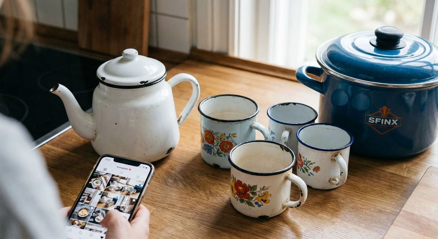 Two white enamel mugs stacked on a tiled kitchen counter, creating a vintage look.