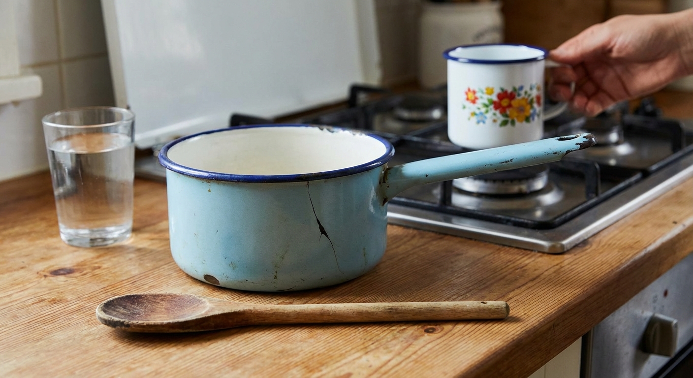 Close-up photo of coffee being poured from a vibrant red pot into a black speckled cup.