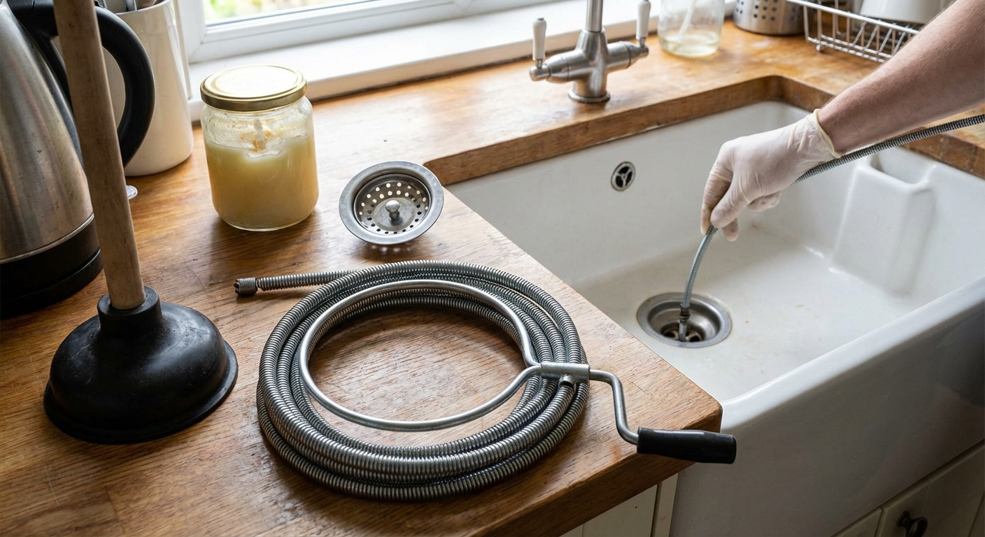 Close-up of a hand in a glove cleaning a foam-covered gold drain in a sink.