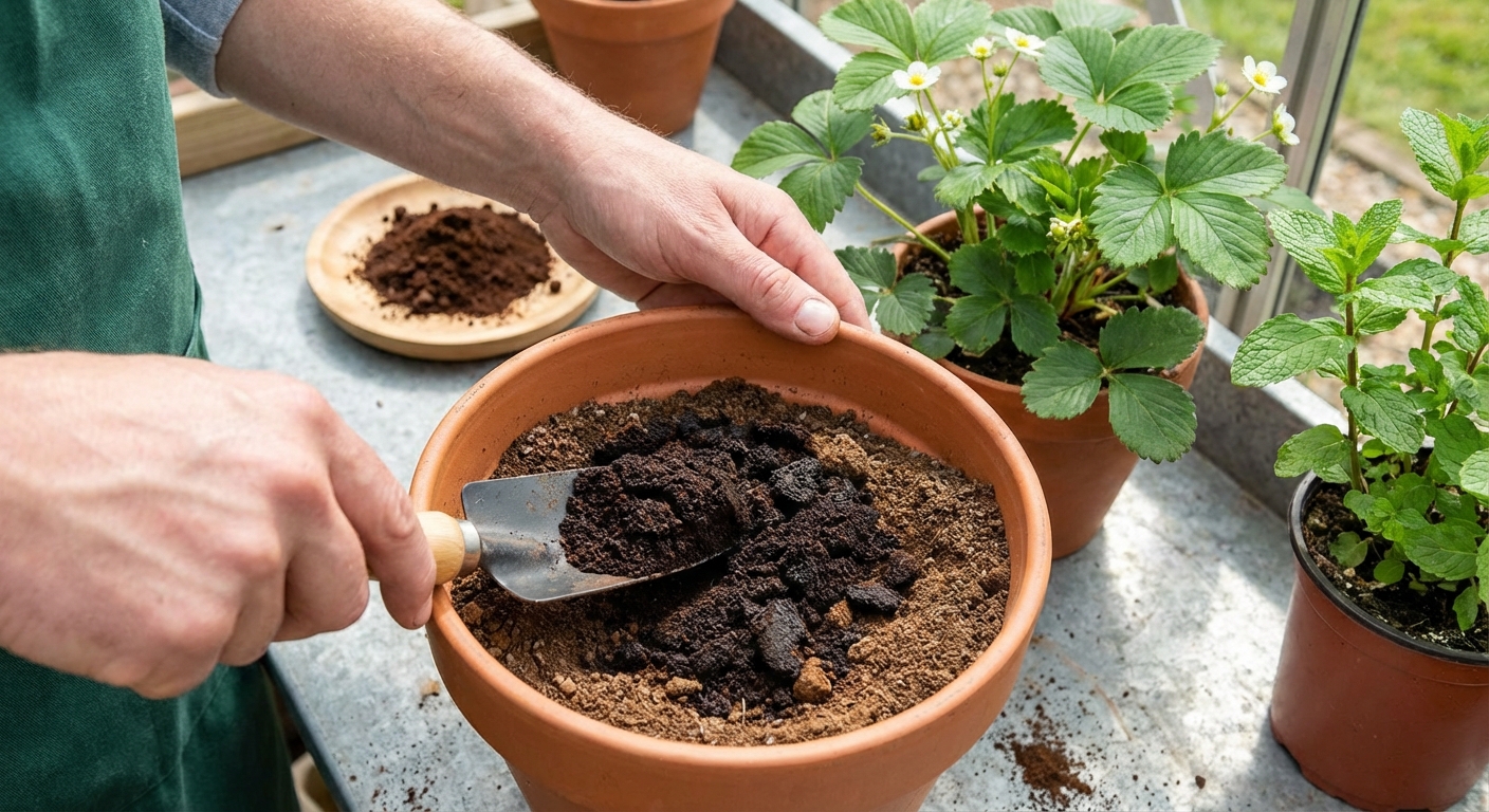 Close-up of gardening essentials with soil scoop, bag, and wooden box in garden setting.