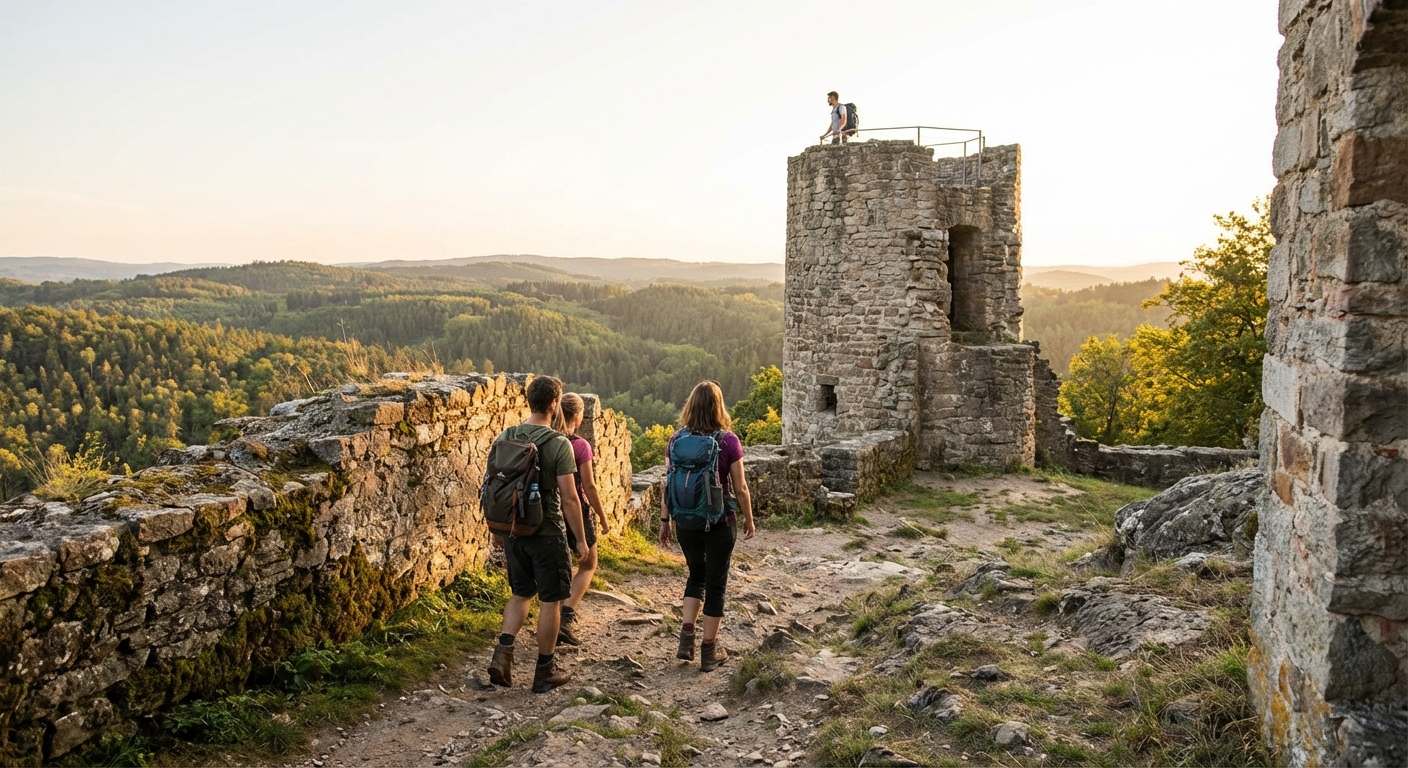 A breathtaking view of jagged mountain peaks and lush valleys under a vibrant blue sky.