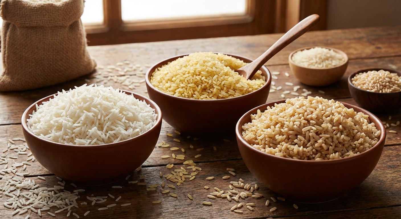 Detailed view of uncooked white rice grains, showcasing texture and pattern.