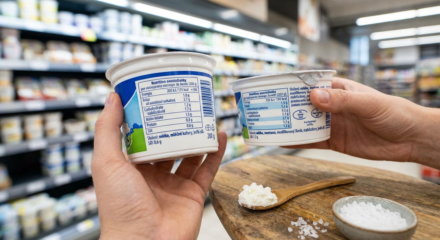 Two adults shopping for meat products in a supermarket, using a smartphone to compare choices.