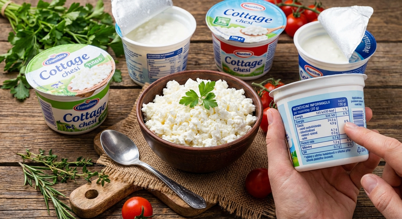 A close-up of cottage cheese in an open glass jar with scattered raisins on a cloth surface.