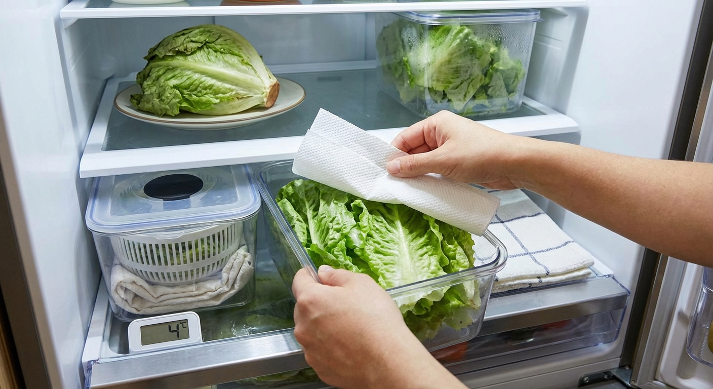Close-up of fresh green salad leaves in a plastic container on a black background.