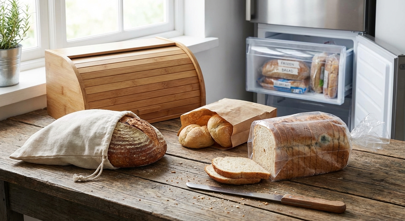 Variety of breads including a croissant, baguette, and seeded loaf on a clean white surface.