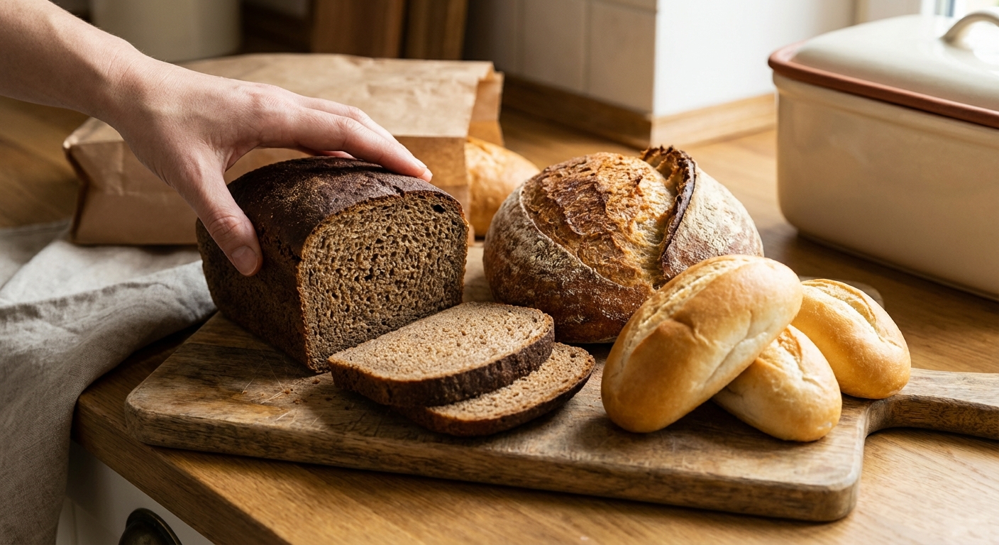 Detailed view of golden brown bread rolls in a black basket on a wooden surface.